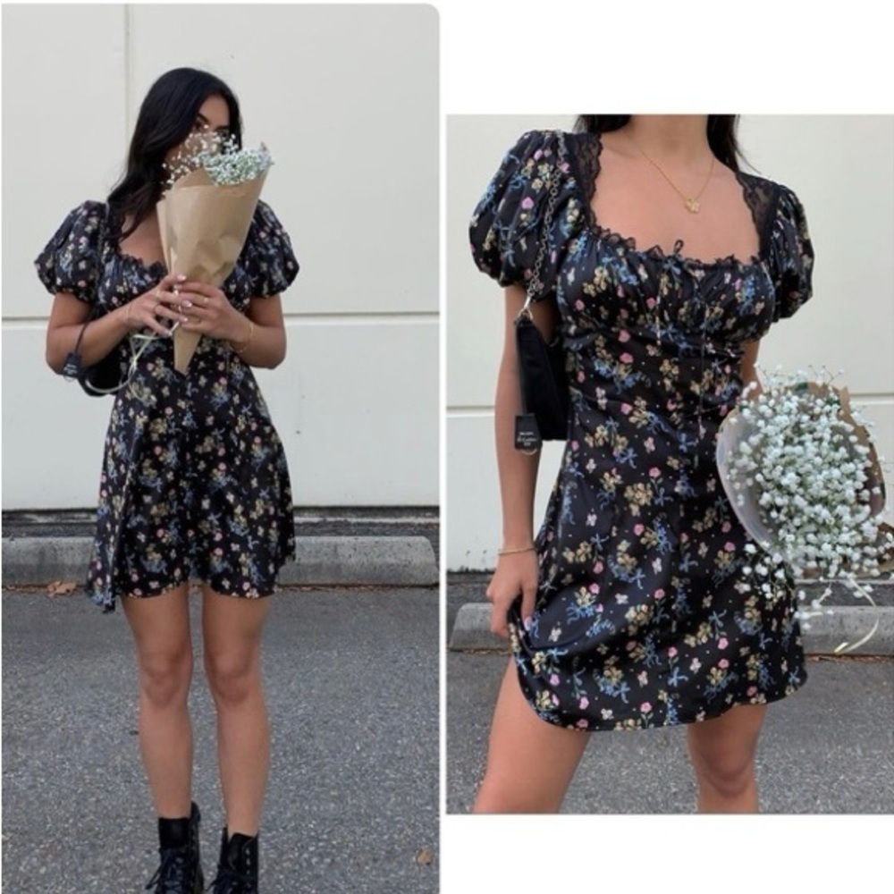For Love & Lemons Floral Satin Mini Dress XS Lace Puff Sleeve Retail $239